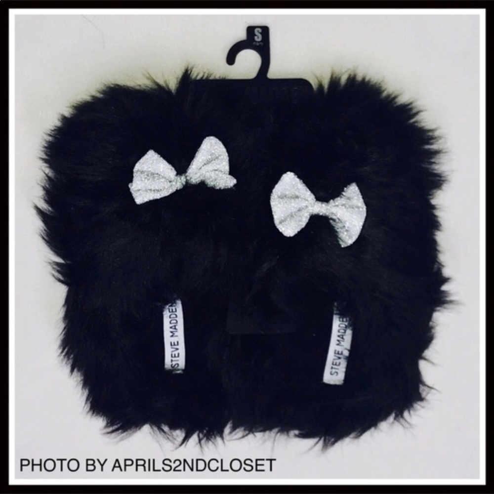 STEVE MADDEN BLACK SLIP ONS SLIPPERS SLIDES FLATS FAUX FUR PLUSH SLIPPERS - Picture 5 of 6